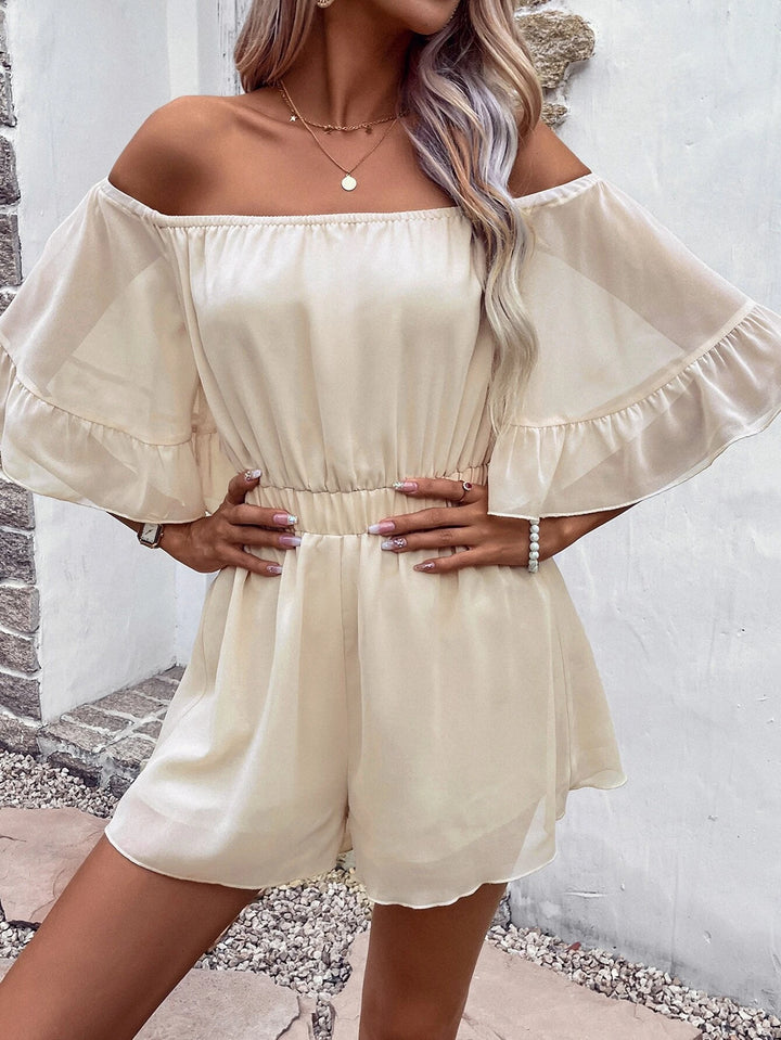 Off Shoulder White Flounce Sleeve Romper