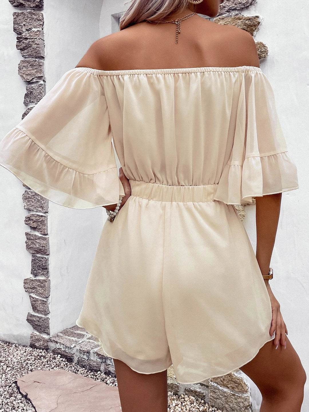 Off Shoulder White Flounce Sleeve Romper