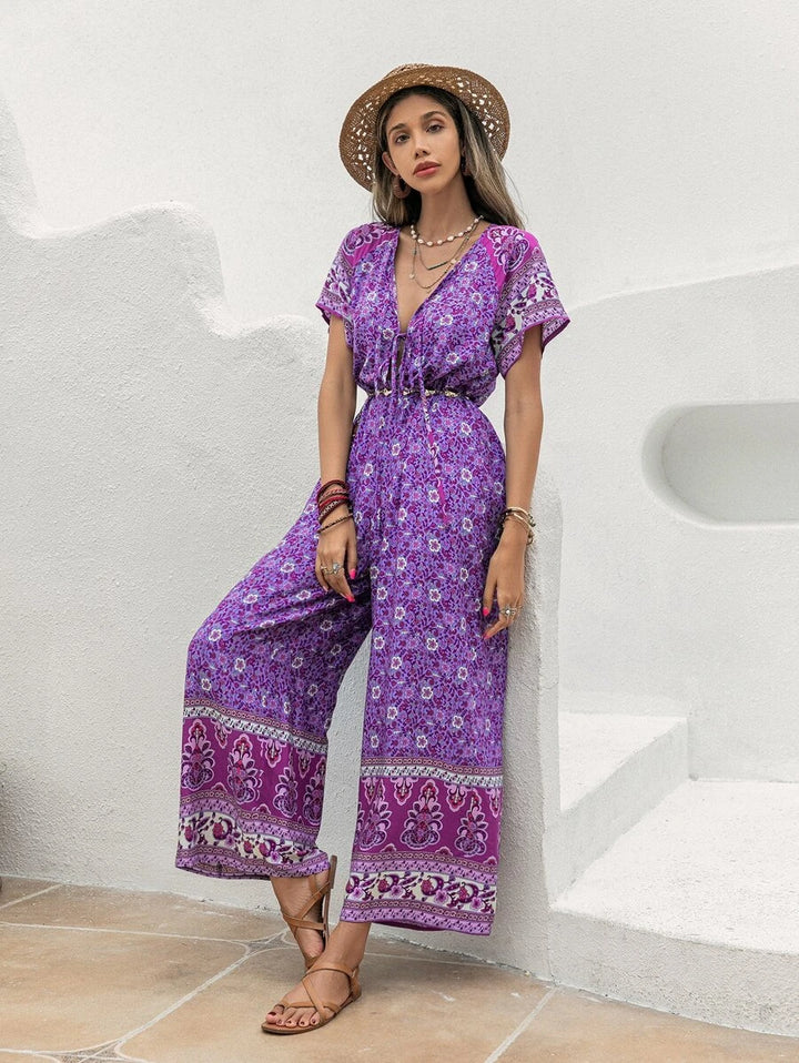 Floral Print Tie Front Wide Leg Jumpsuit