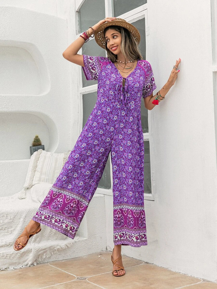 Floral Print Tie Front Wide Leg Jumpsuit