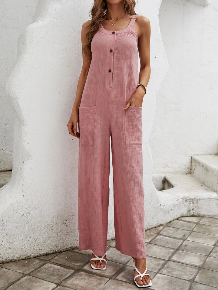 Button Front Dual Pocket Cami Jumpsuit