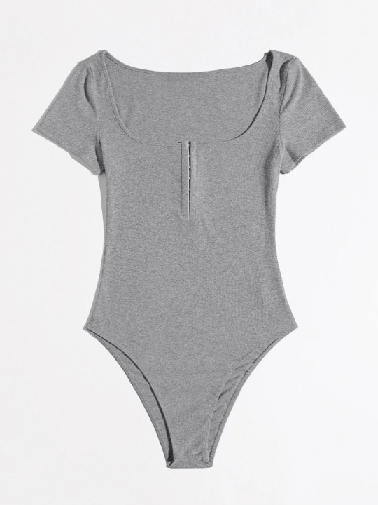 Scoop Neck Half Hook and Eye Placket Solid Bodysuit