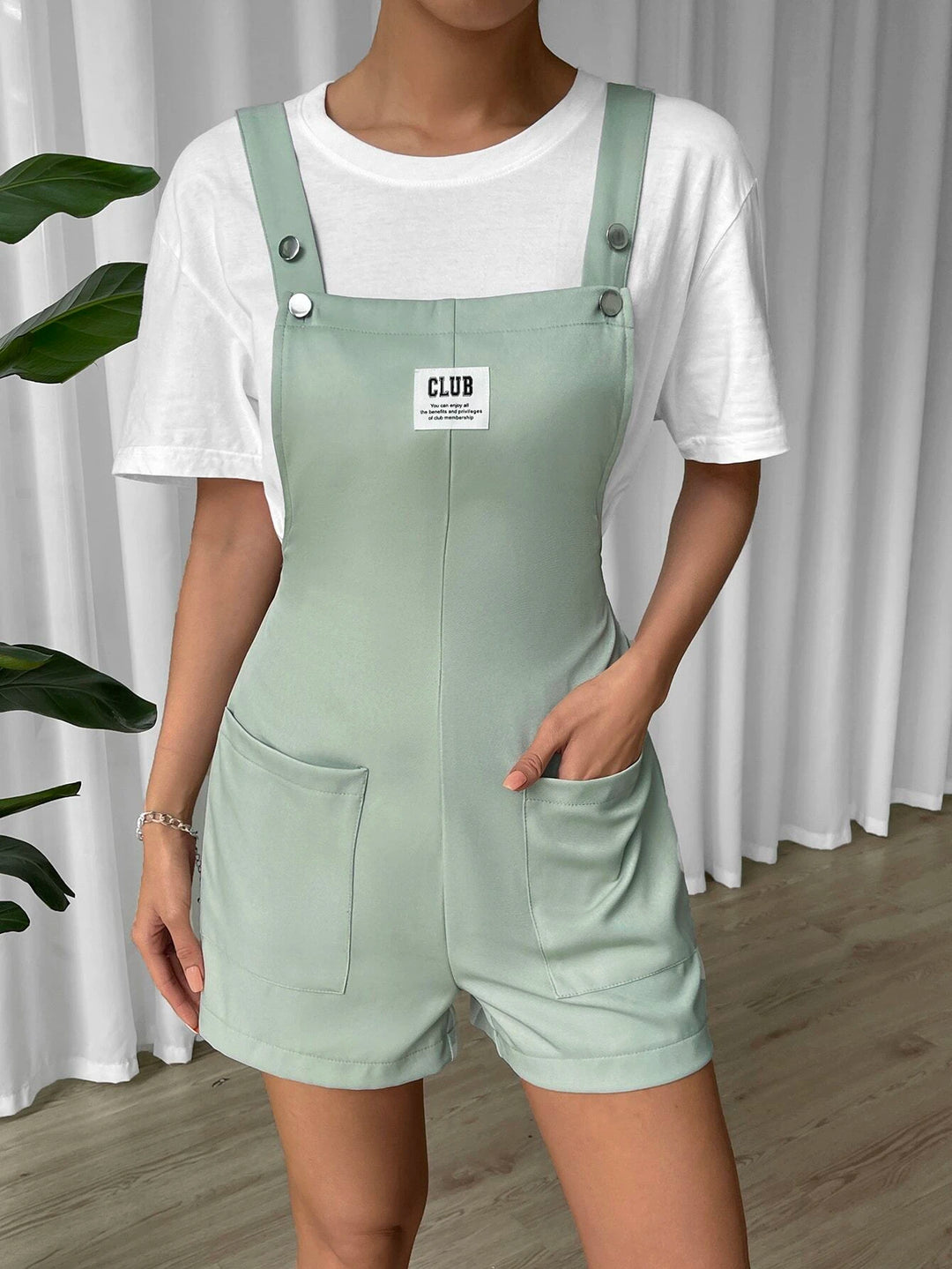 Letter Patched Detail Dual Pocket Romper