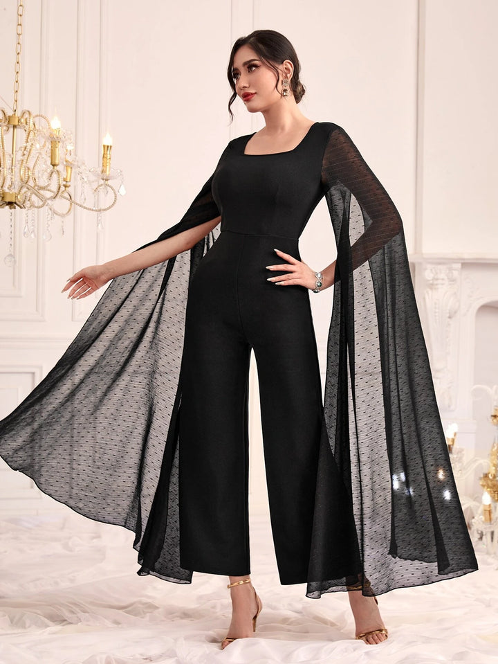 Contrast Mesh Cloak Sleeve Wide Leg Jumpsuit