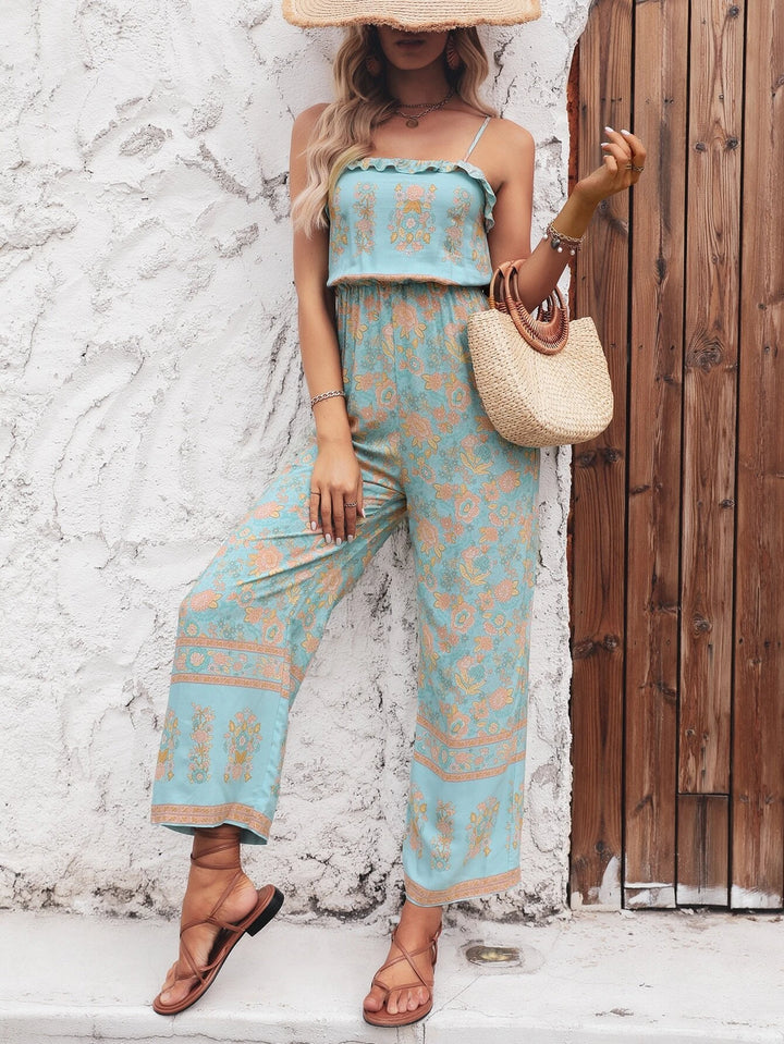 Floral Print Ruffle Trim Cami Jumpsuit