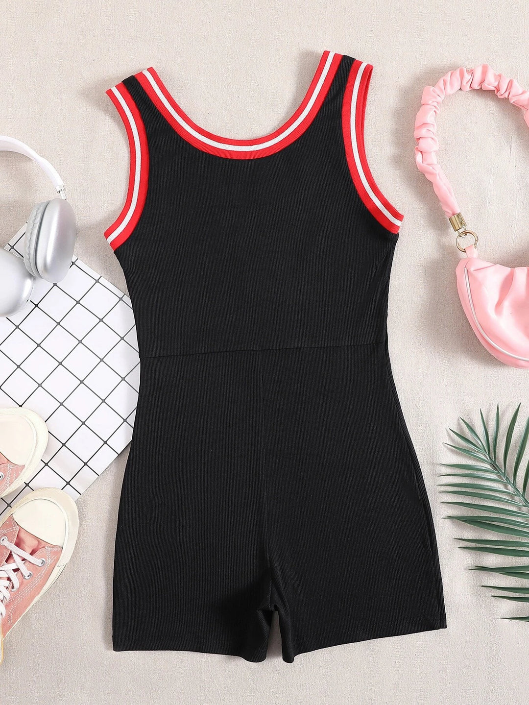 Letter Graphic Striped Trim Unitard Romper