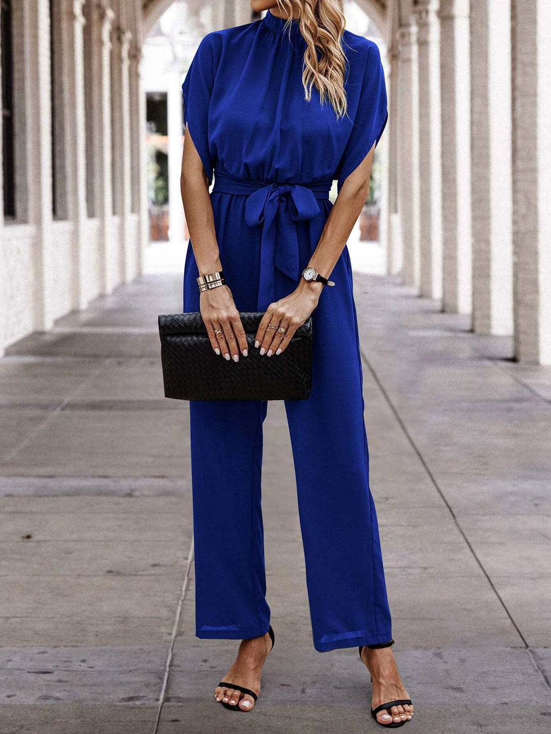 Neck Batwing Sleeve Belted Jumpsuit