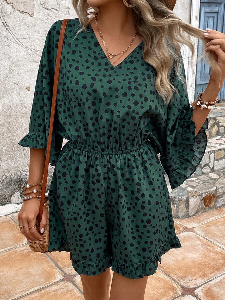 Dalmatian Print Flounce Sleeve Ruffle Hem Romper