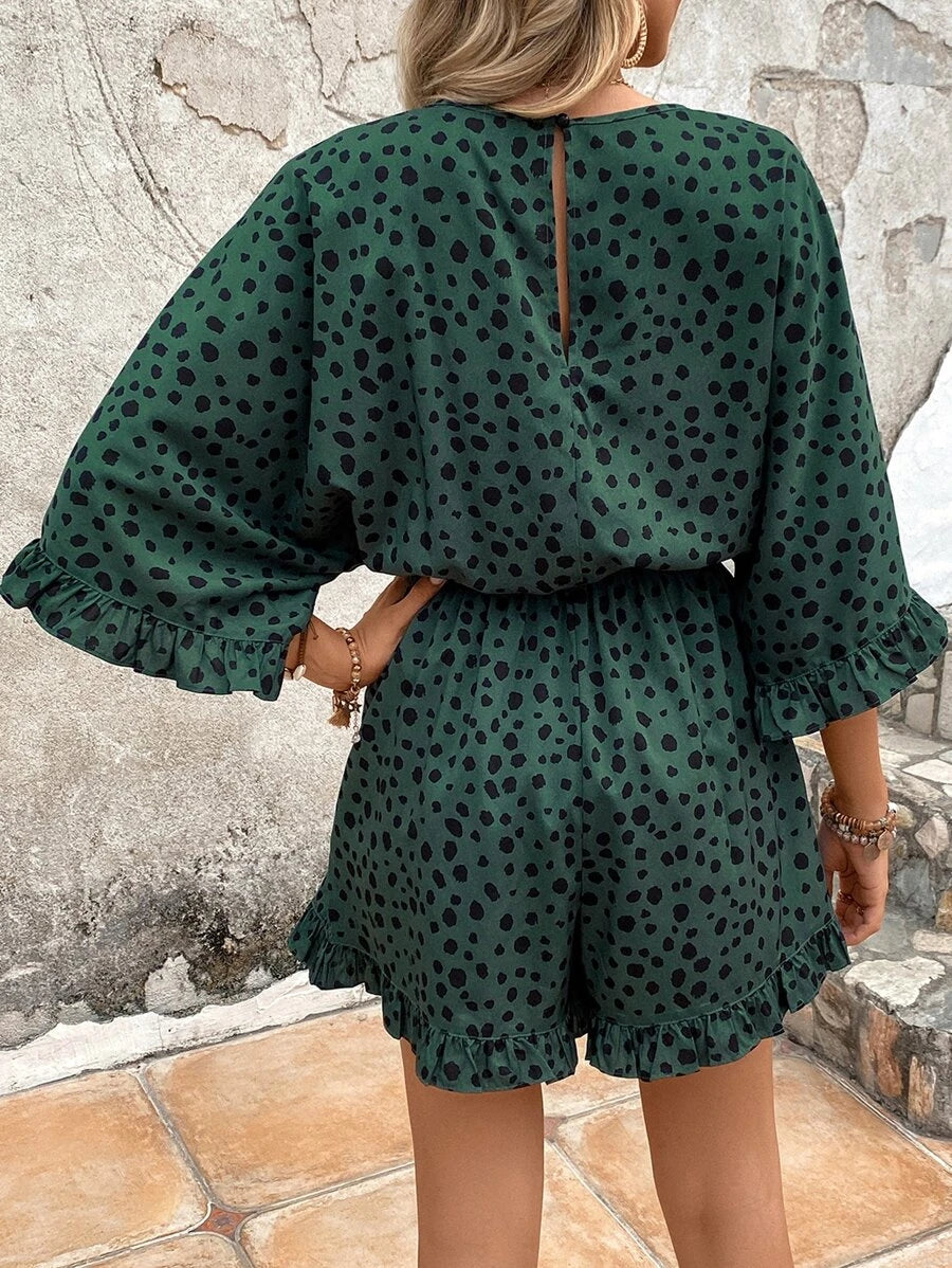 Dalmatian Print Flounce Sleeve Ruffle Hem Romper