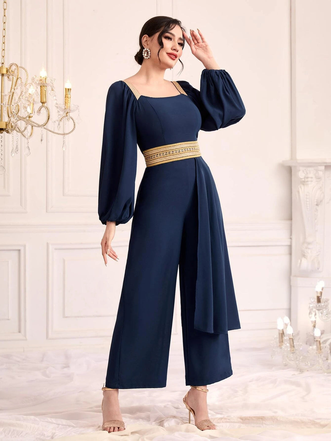 Square Neck Long Sleeve Jumpsuit