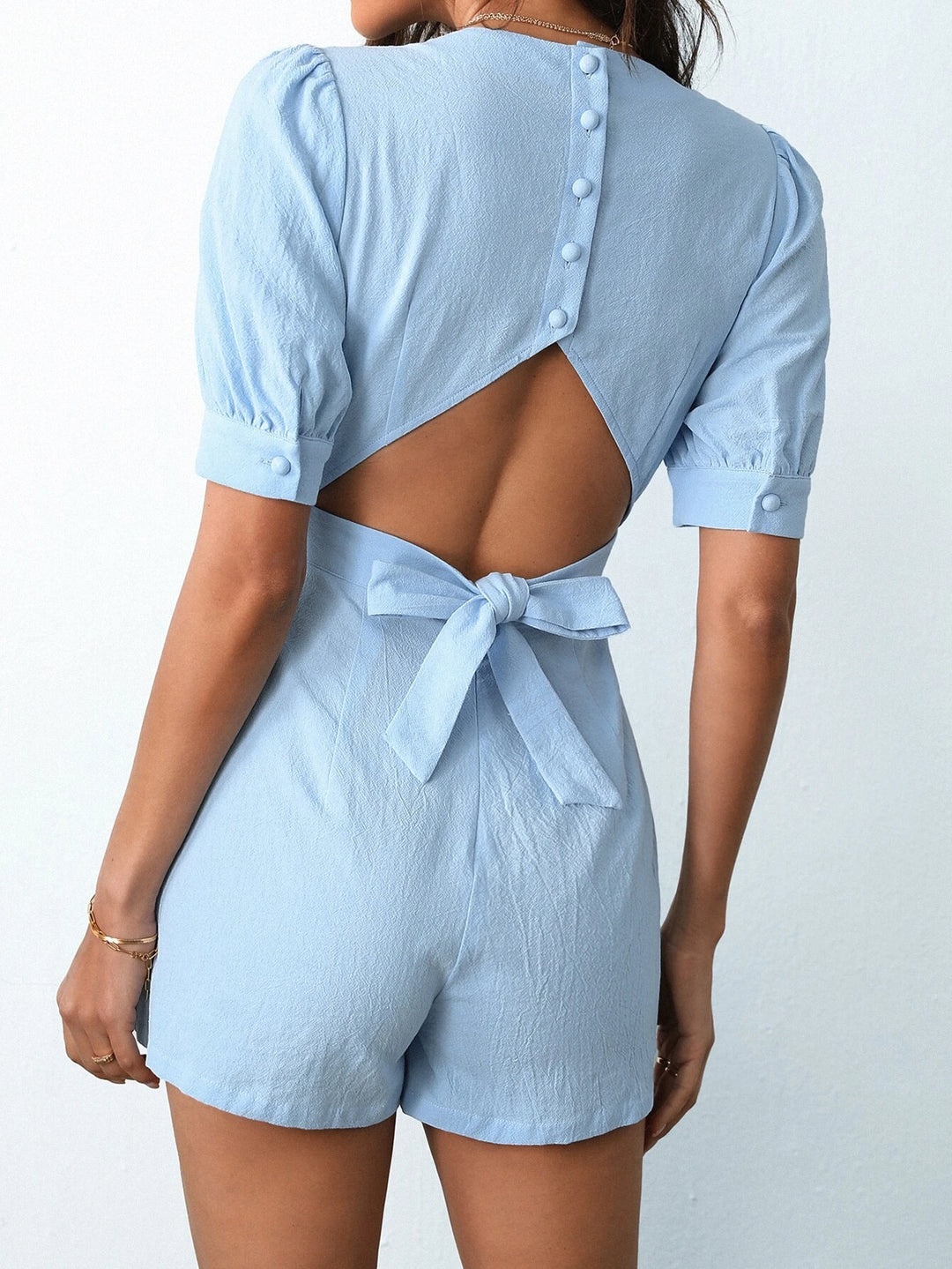 Button Back Puff Sleeve Tie Back Romper
