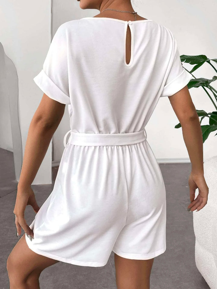 Solid Coloured Batwing Sleeve Belted Romper