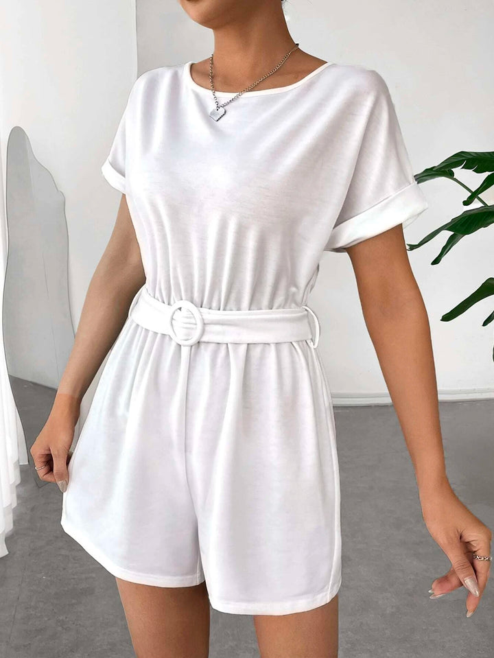 Solid Coloured Batwing Sleeve Belted Romper