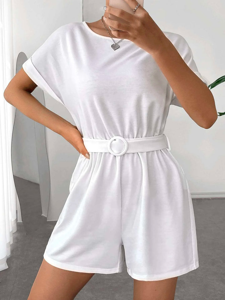 Solid Coloured Batwing Sleeve Belted Romper