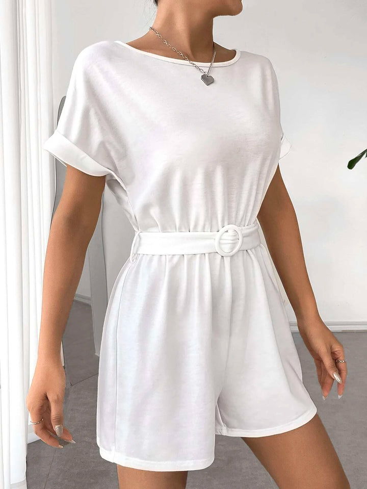 Solid Coloured Batwing Sleeve Belted Romper