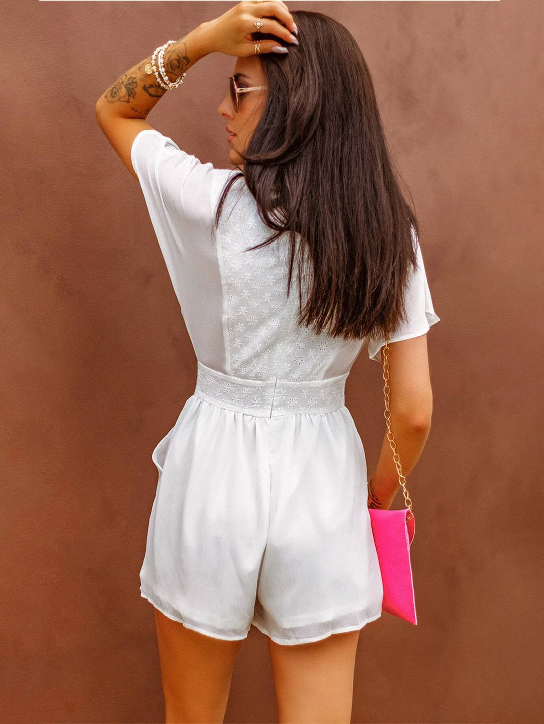 Plunging Neck Eyelet Embroidery Romper