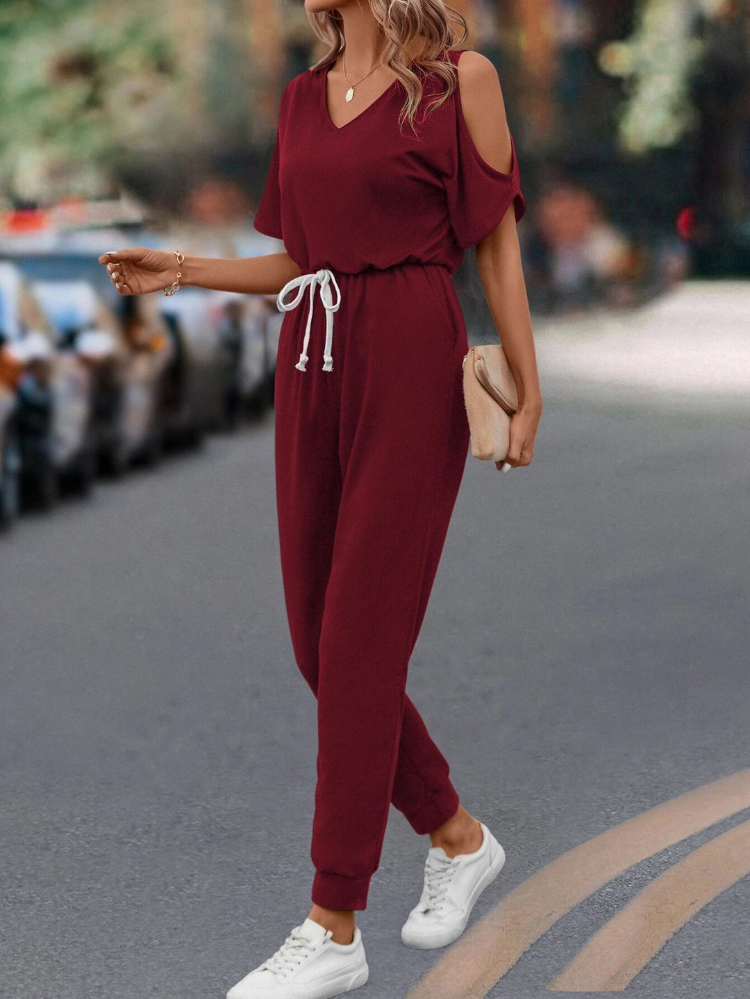 Cold Shoulder Drawstring Waist Jumpsuit