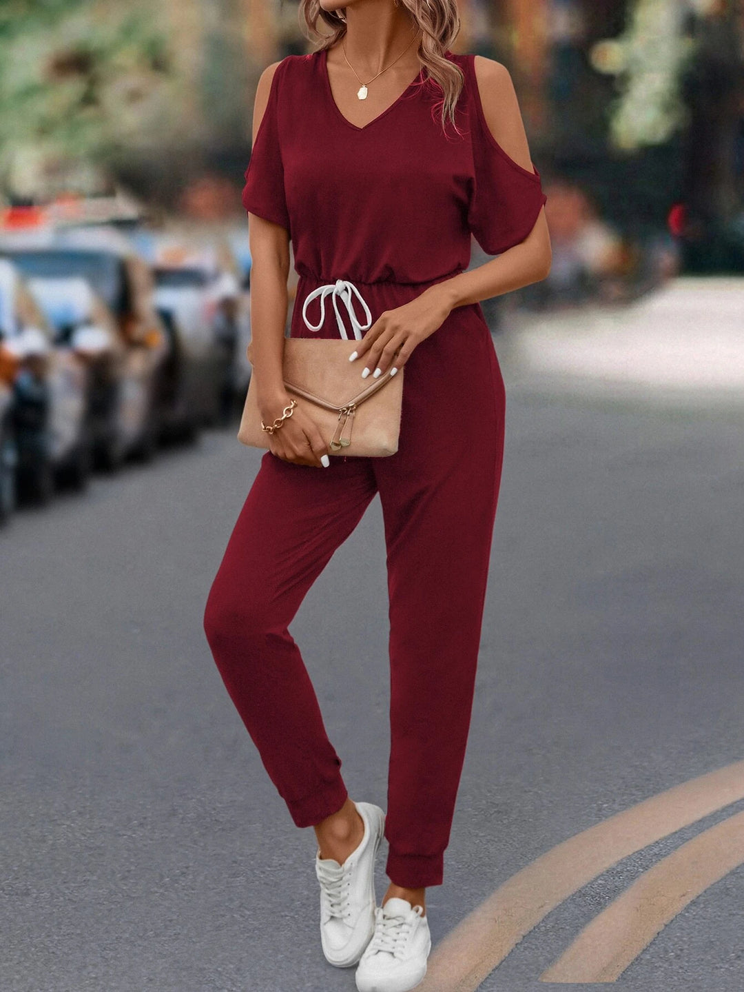 Cold Shoulder Drawstring Waist Jumpsuit