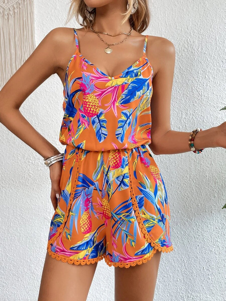 Fruity Leaf Tropical Print Cami Romper