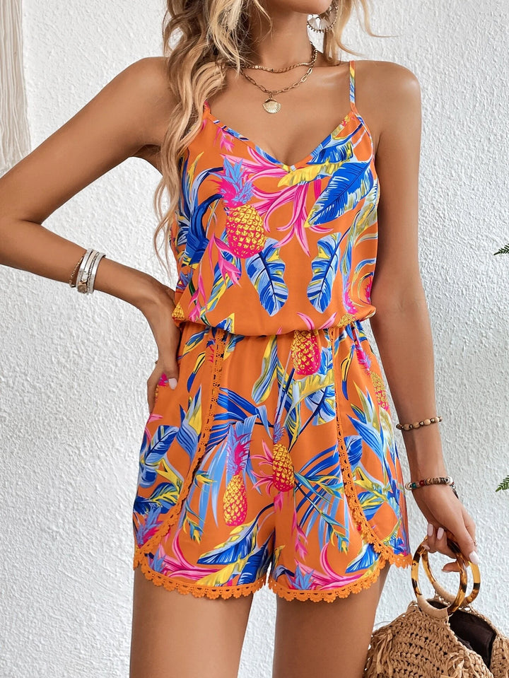 Fruity Leaf Tropical Print Cami Romper