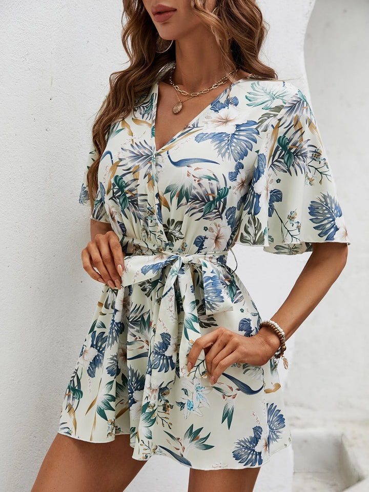 Tropical Print Butterfly Sleeve Belted Romper