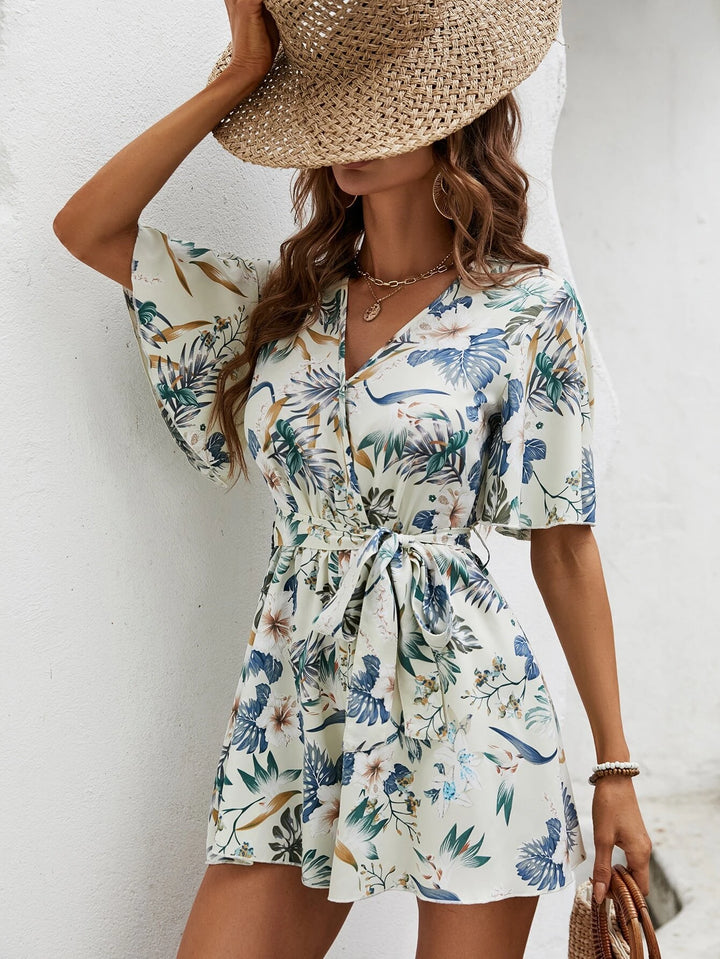 Tropical Print Butterfly Sleeve Belted Romper