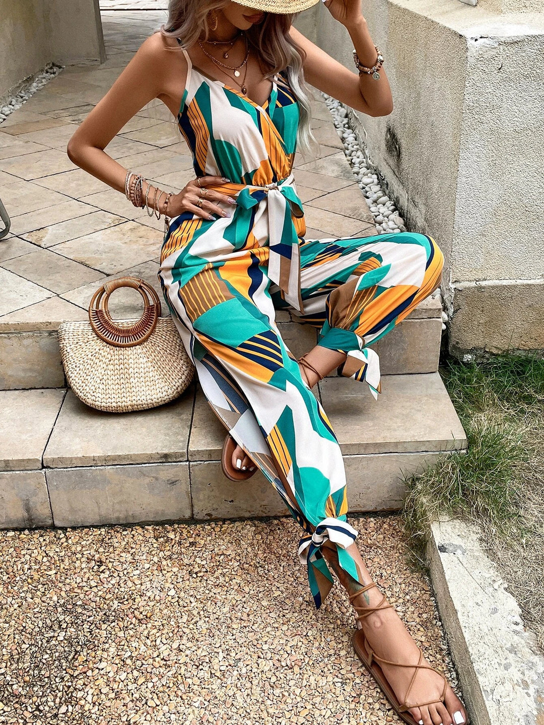 Printed Knot Hem Belted Jumpsuit