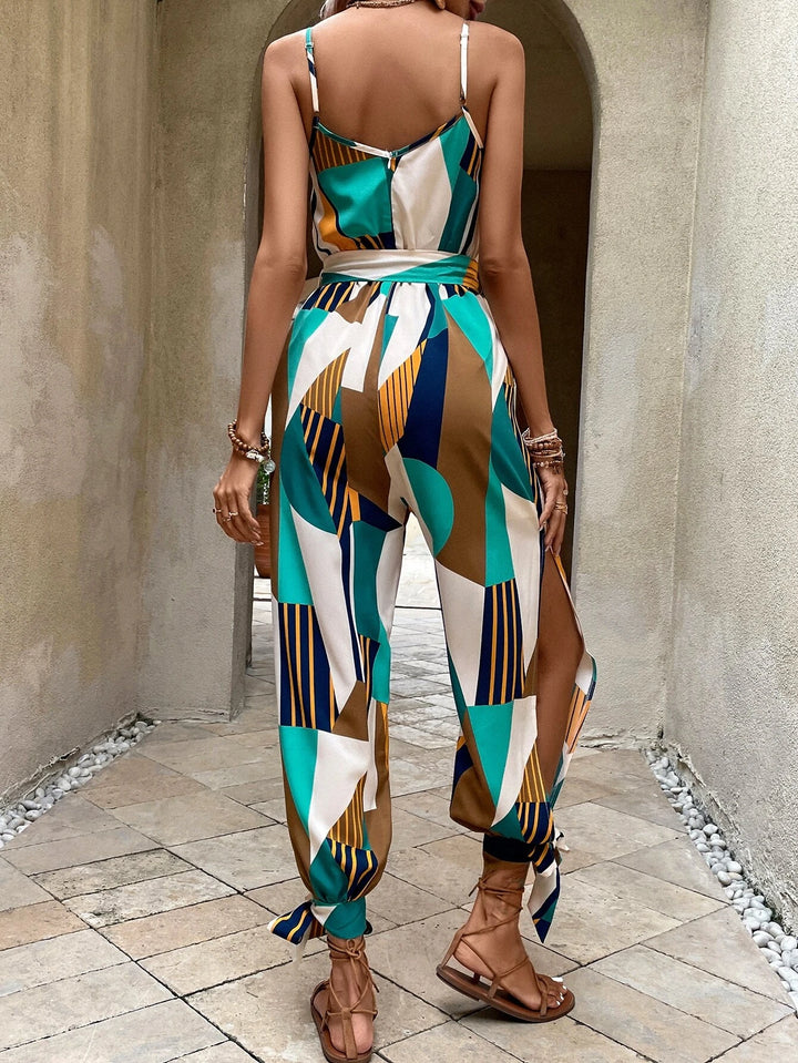 Printed Knot Hem Belted Jumpsuit