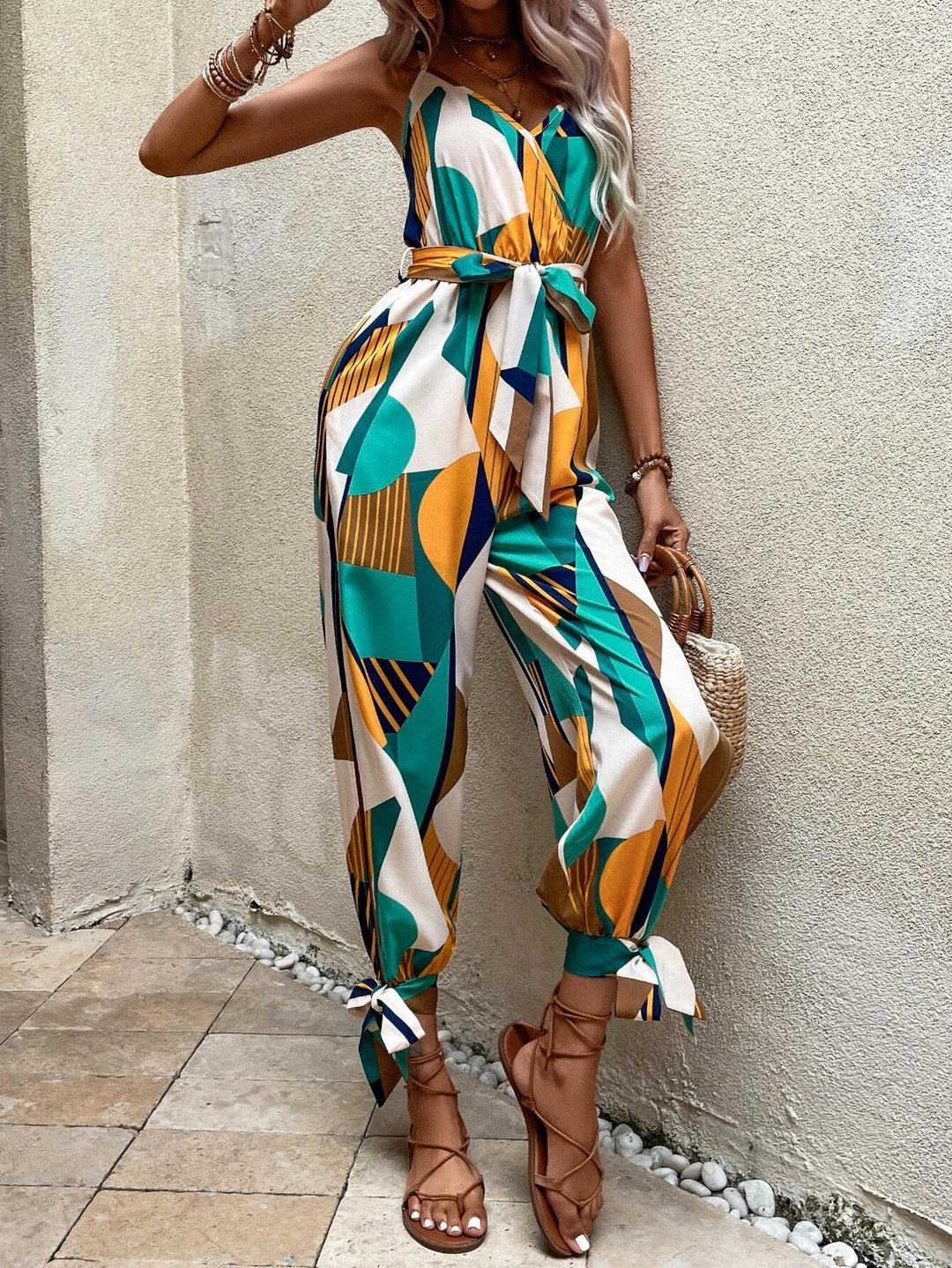 Printed Knot Hem Belted Jumpsuit