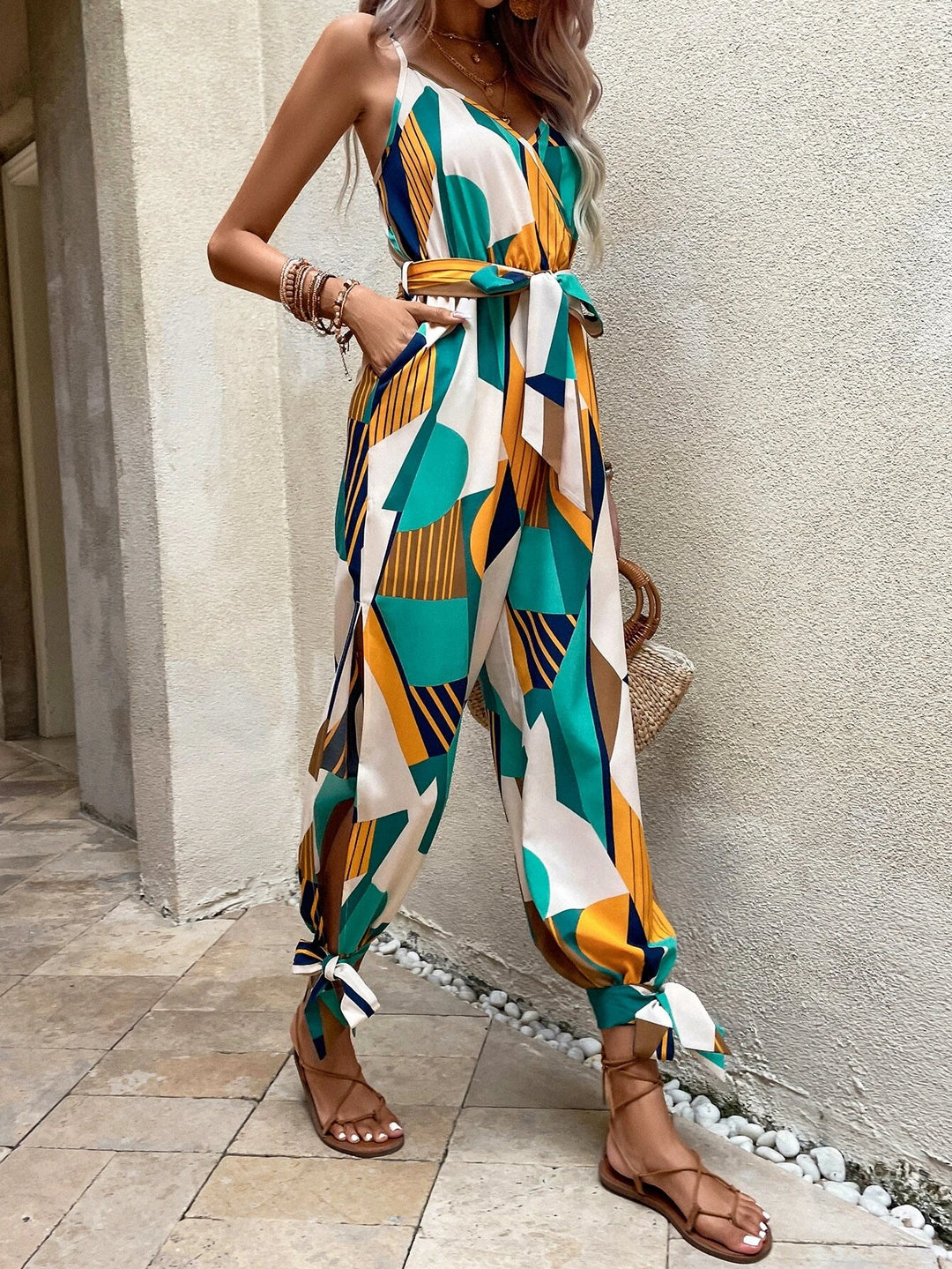 Printed Knot Hem Belted Jumpsuit