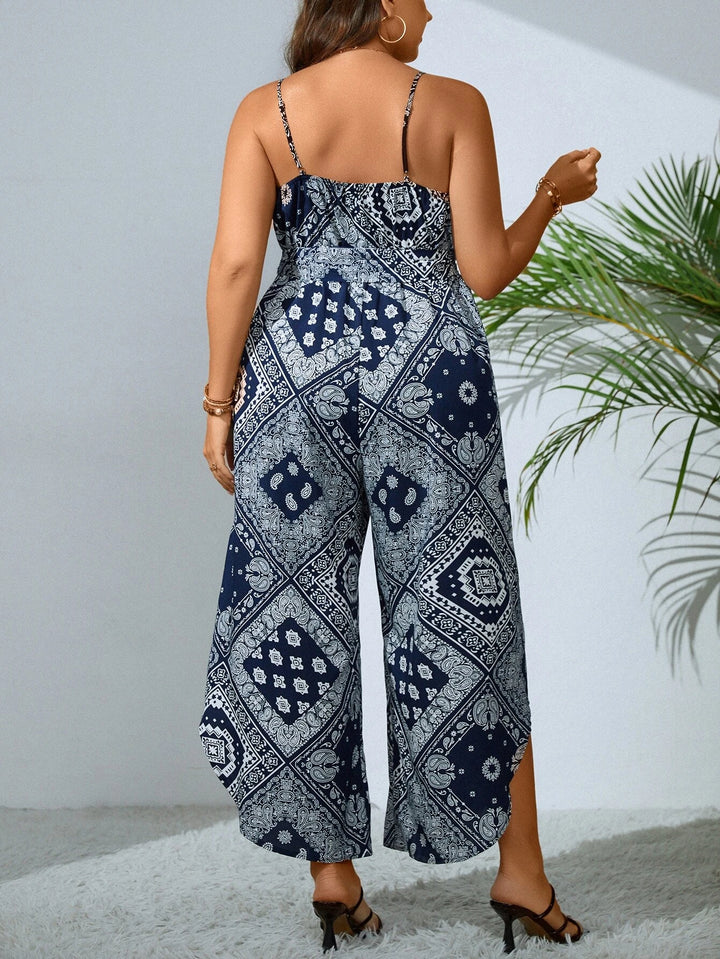 Paisley and Scarf Print Belted Cami Jumpsuit