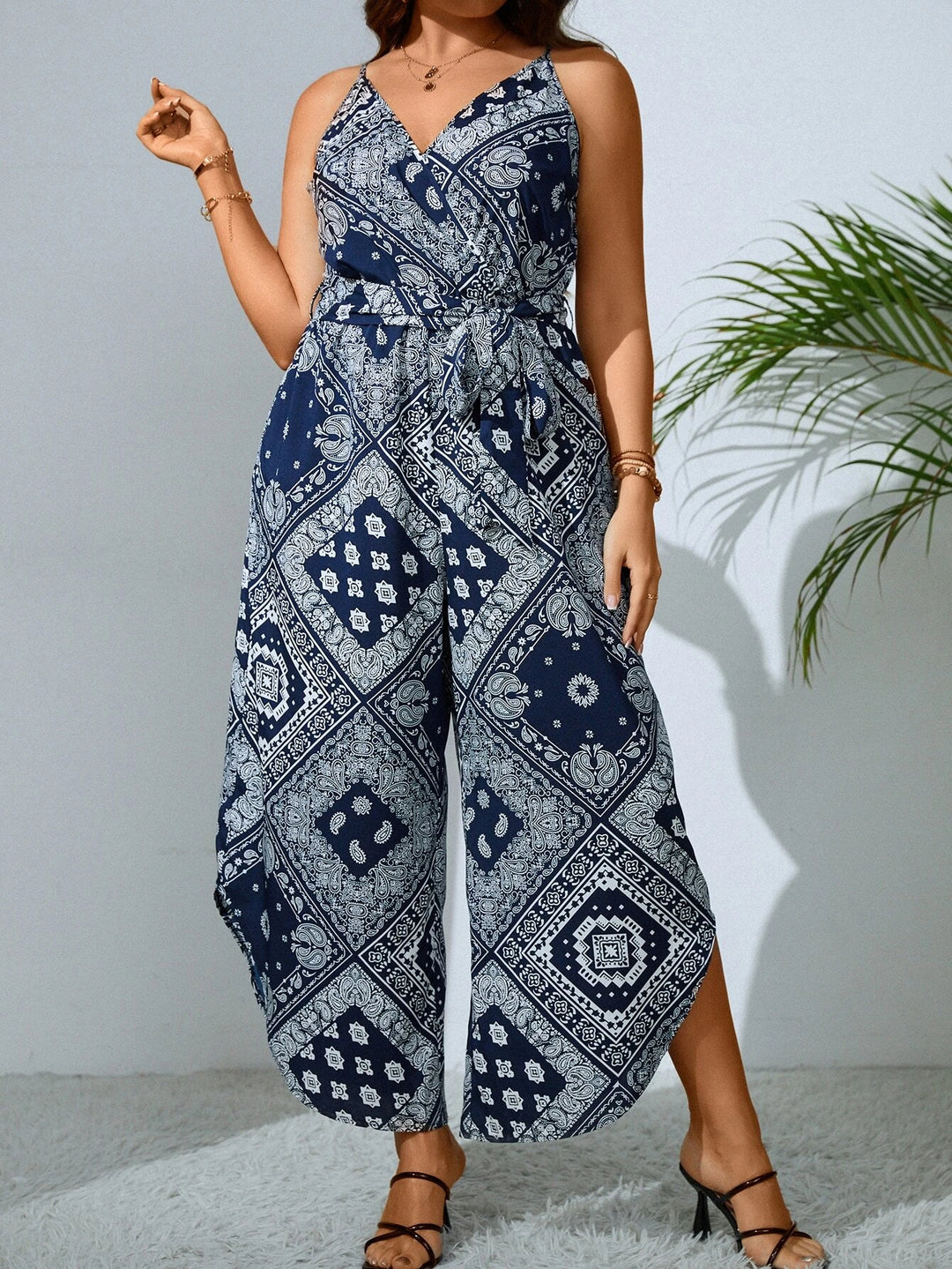 Paisley and Scarf Print Belted Cami Jumpsuit