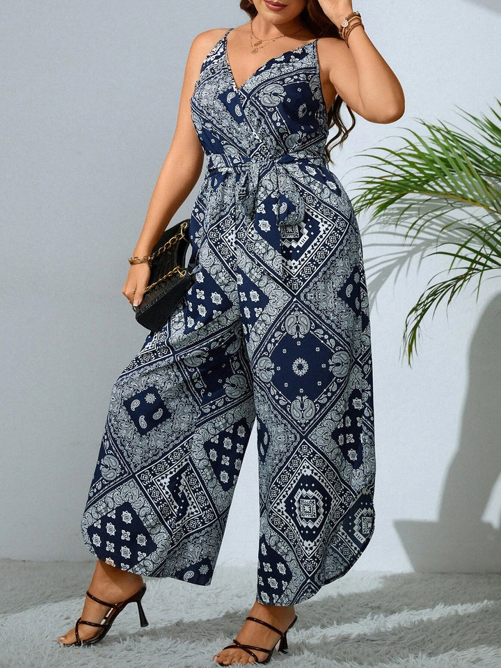 Paisley and Scarf Print Belted Cami Jumpsuit