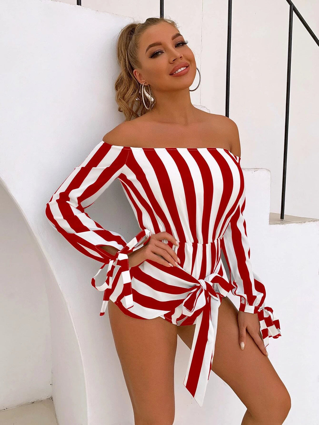 Off Shoulder Knot Cuff Striped Romper