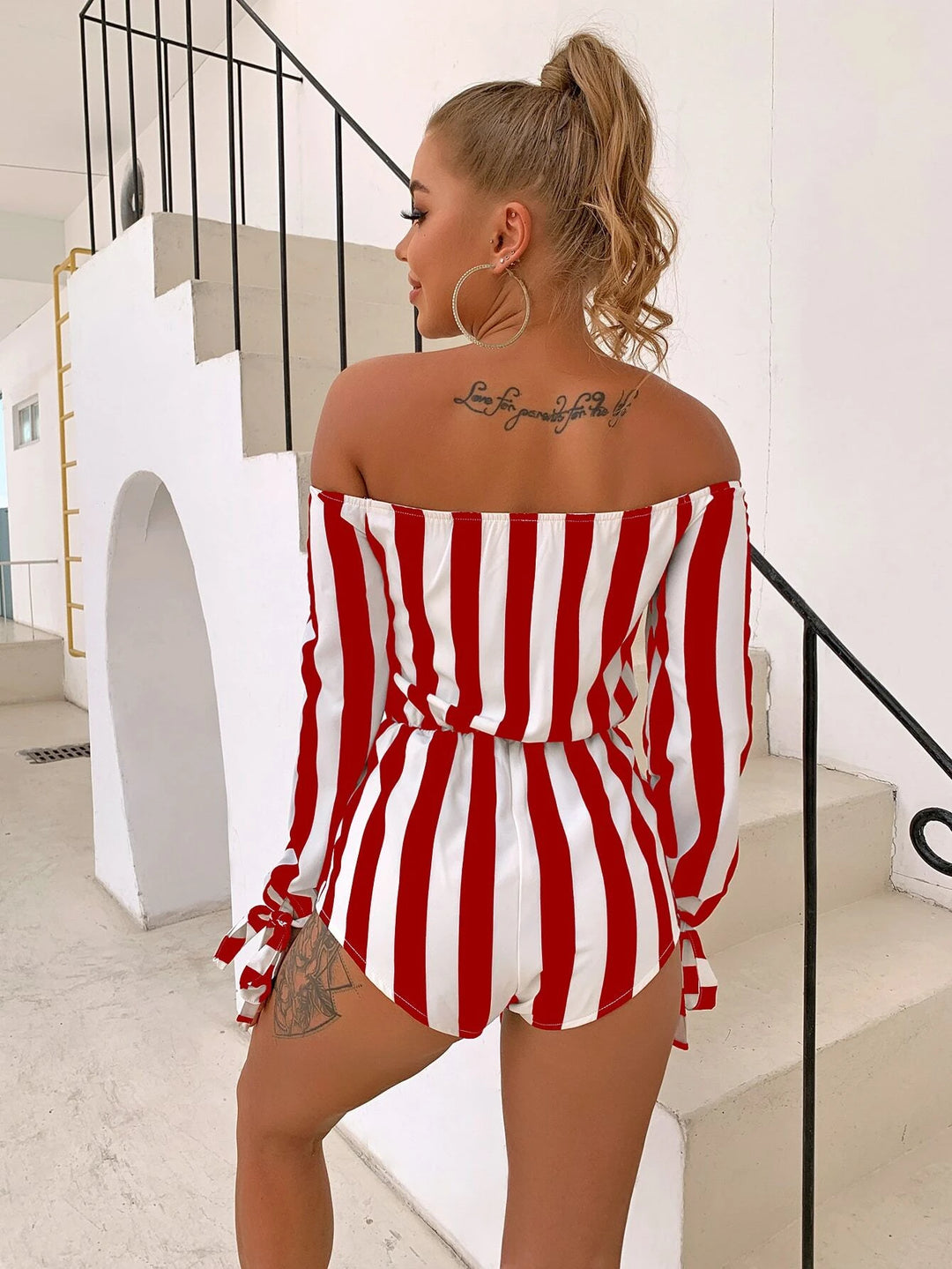 Off Shoulder Knot Cuff Striped Romper