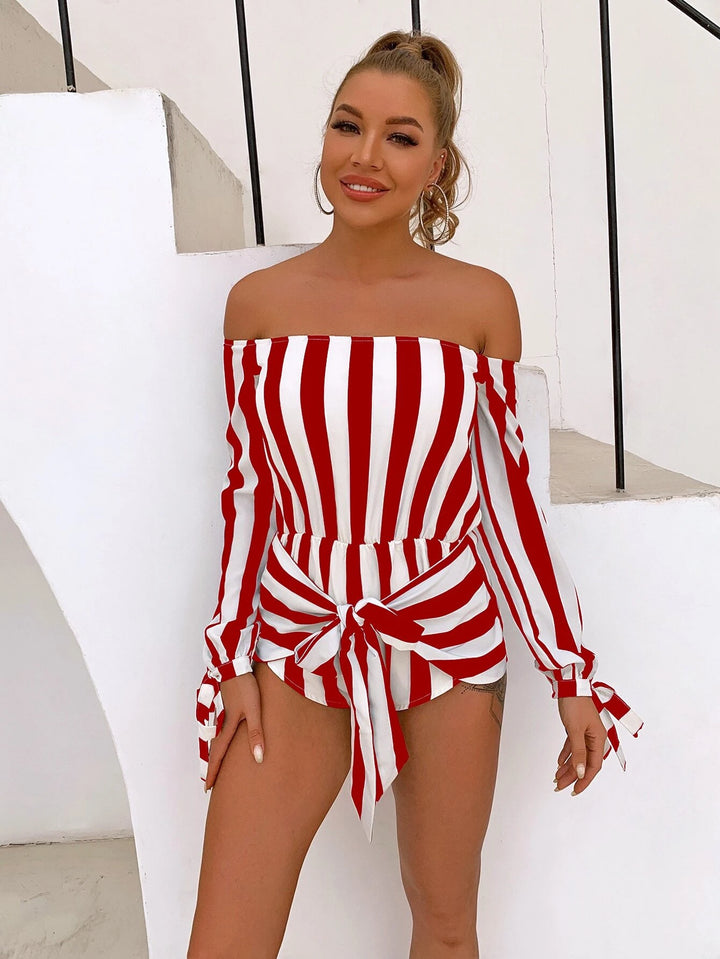 Off Shoulder Knot Cuff Striped Romper