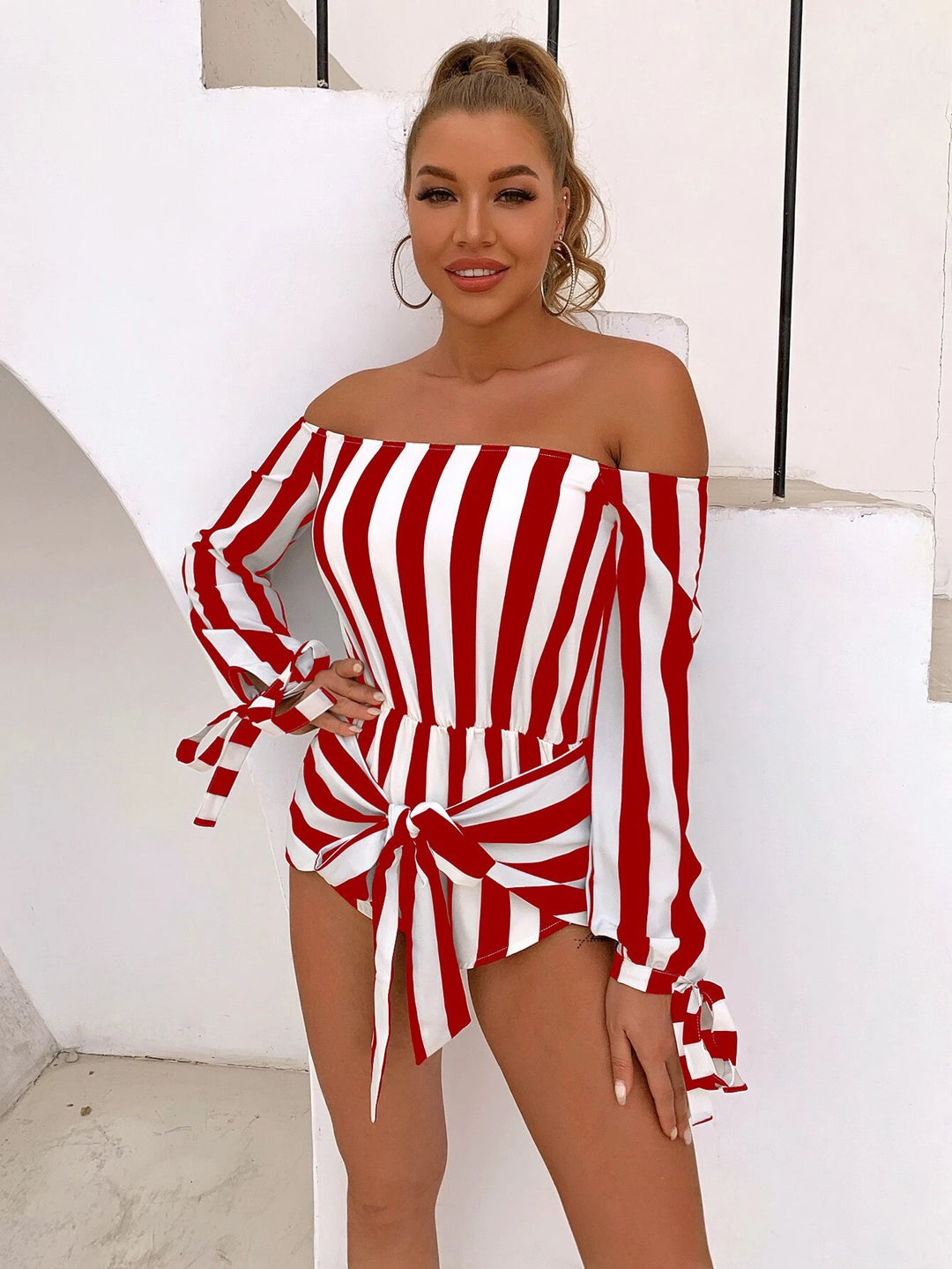 Off Shoulder Knot Cuff Striped Romper