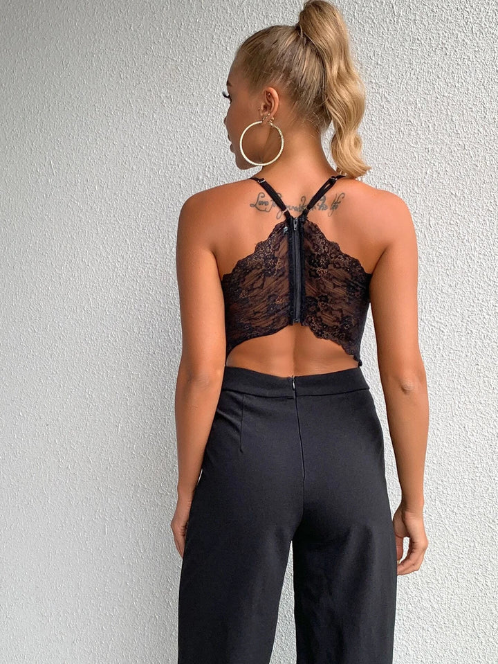 Solid Colored Contrast Lace Zip Back Cami Jumpsuit