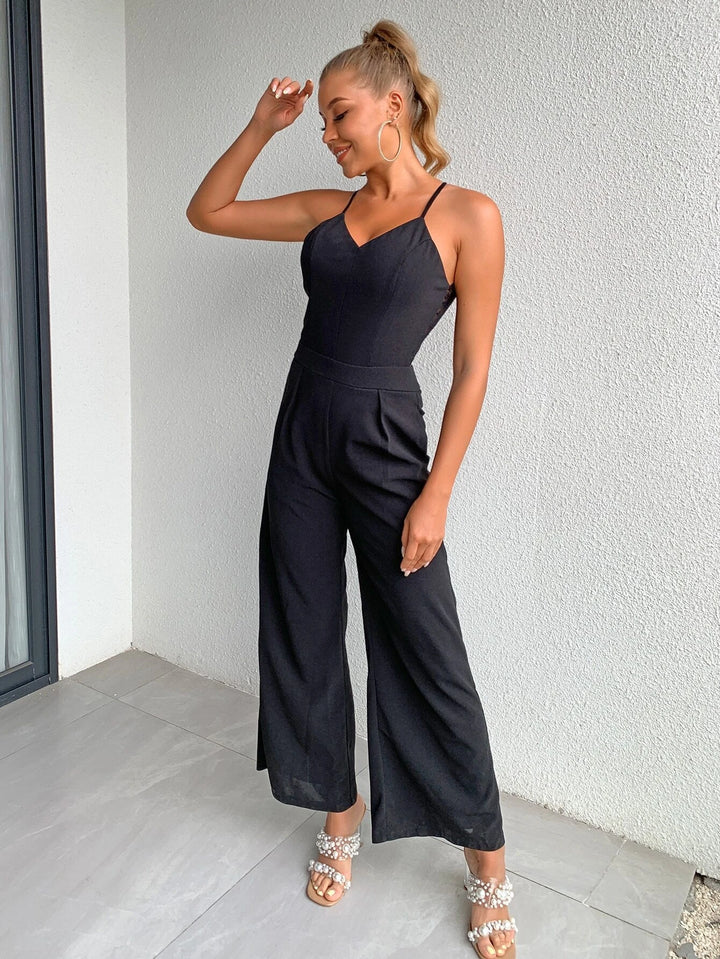 Solid Colored Contrast Lace Zip Back Cami Jumpsuit