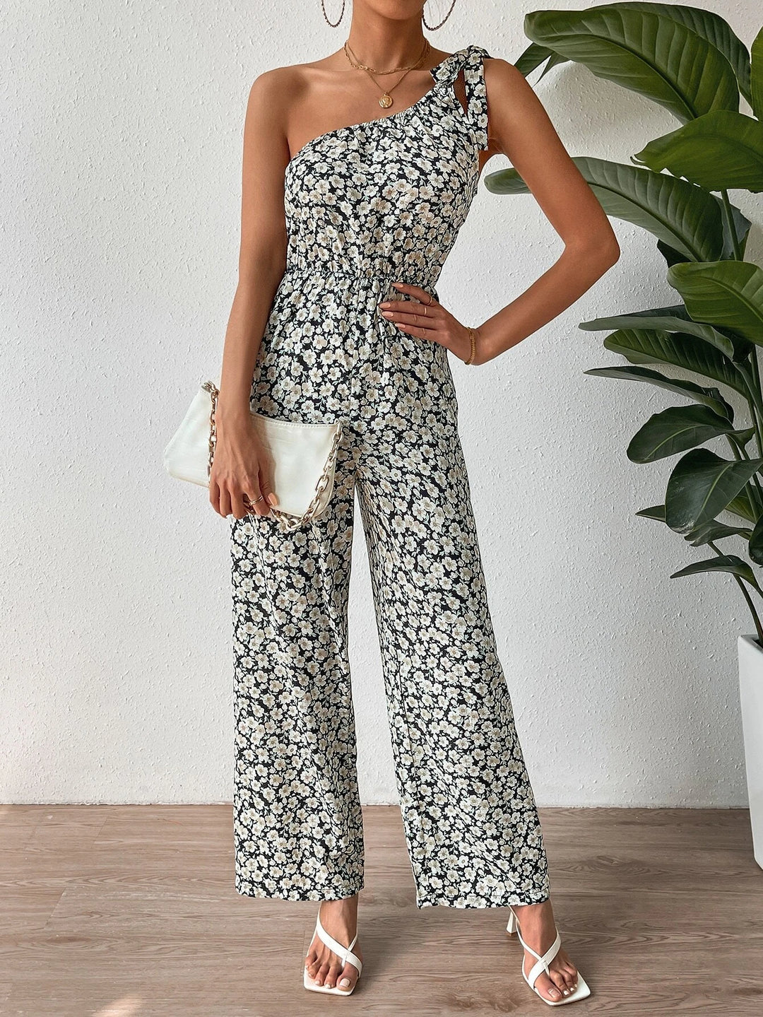 Floral Print One Shoulder Knot Jumpsuit