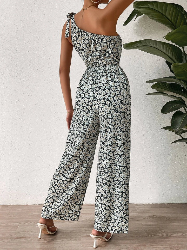 Floral Print One Shoulder Knot Jumpsuit