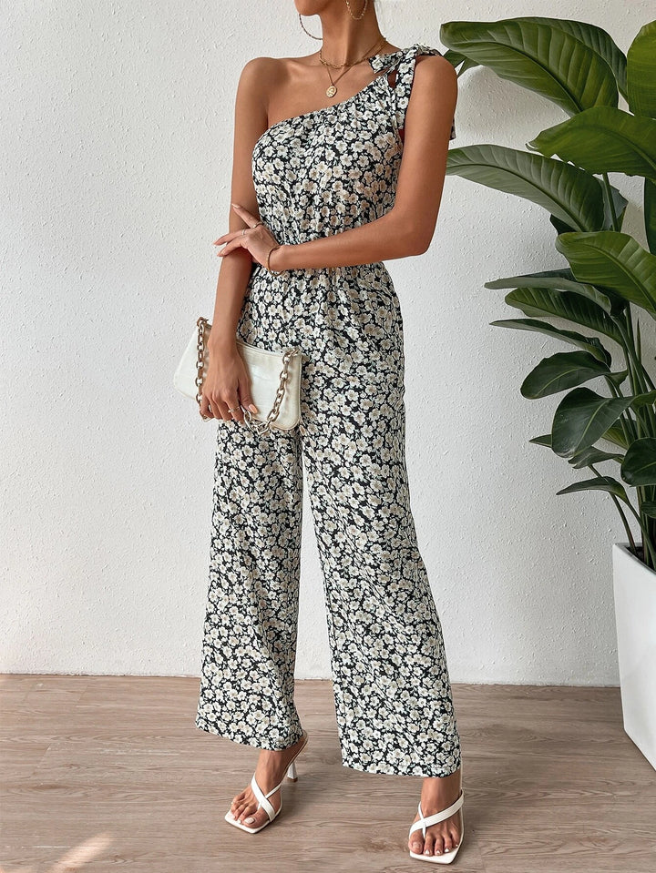 Floral Print One Shoulder Knot Jumpsuit