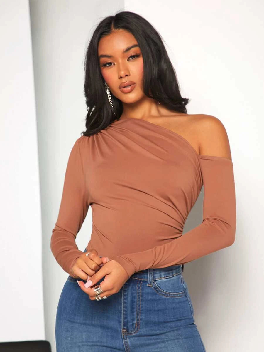 Asymmetrical Neck Ruched Side Bodysuit