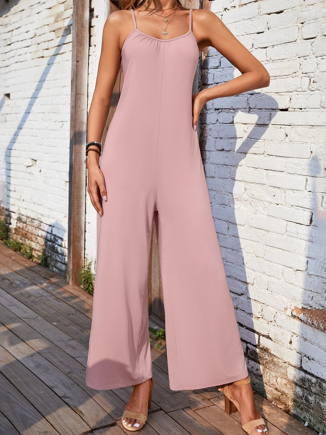 Solid Colored Wide Leg Cami Jumpsuit