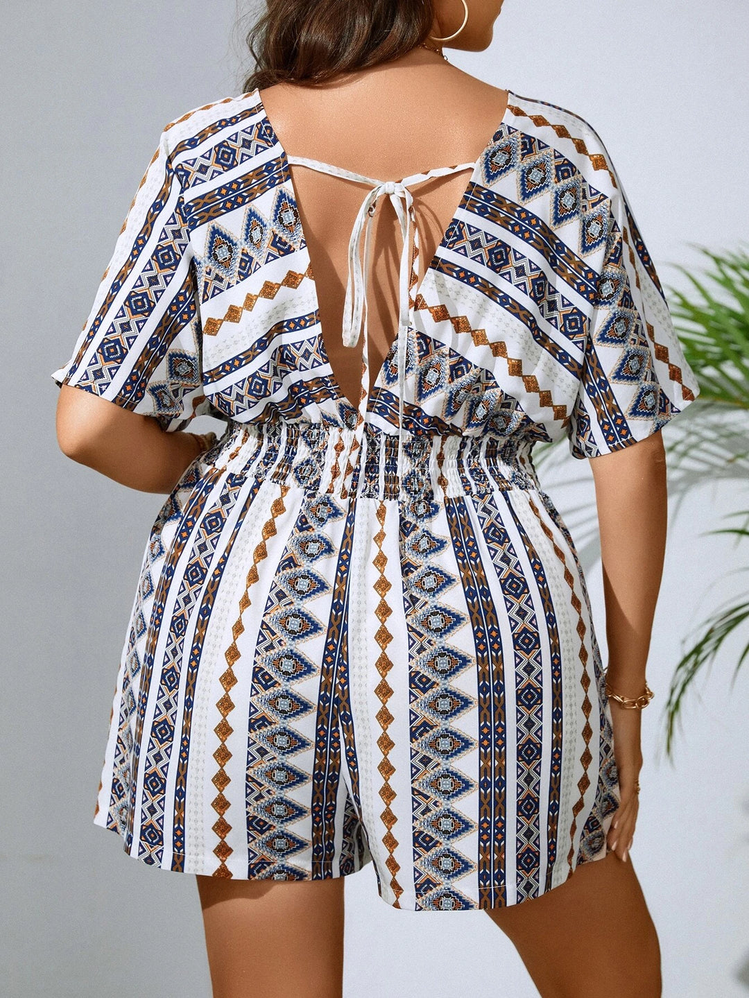 Plus Geo Print Batwing Sleeve Knot Front Romper