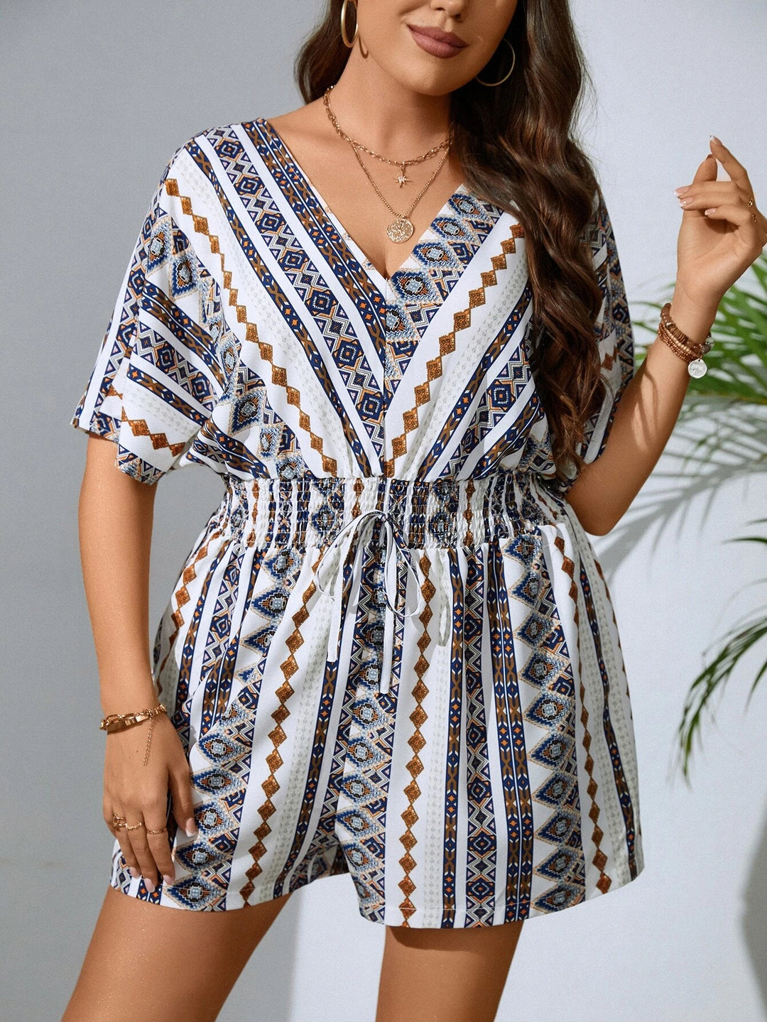 Plus Geo Print Batwing Sleeve Knot Front Romper