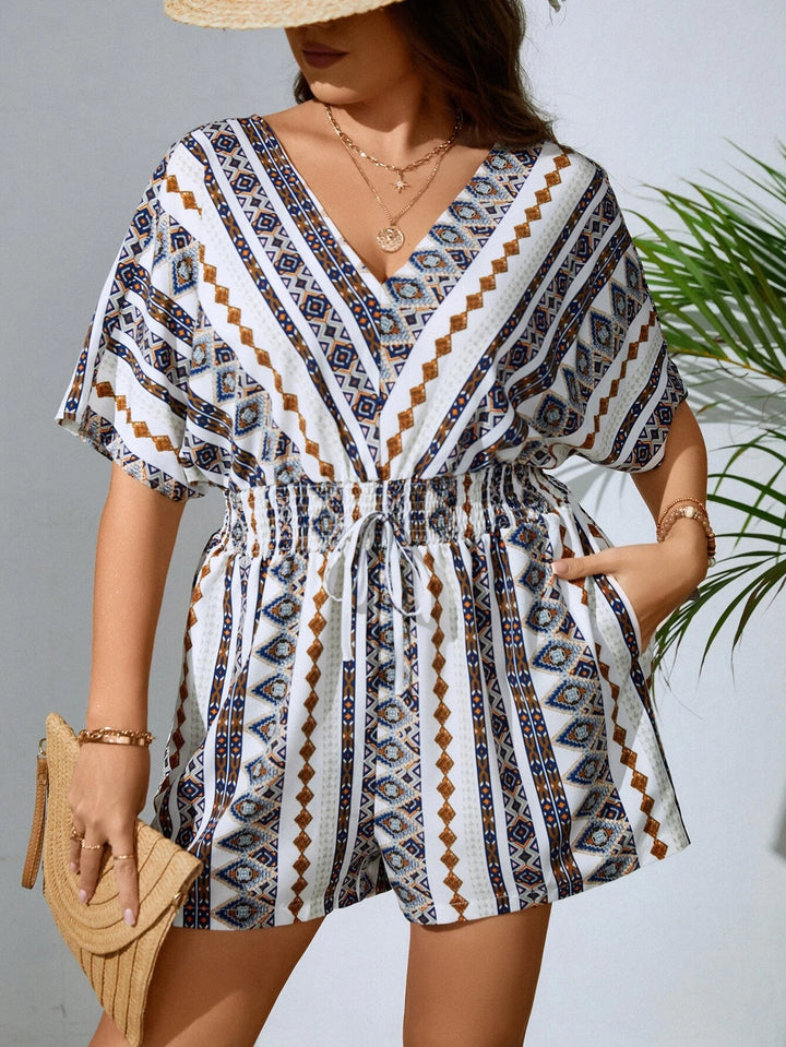 Plus Geo Print Batwing Sleeve Knot Front Romper