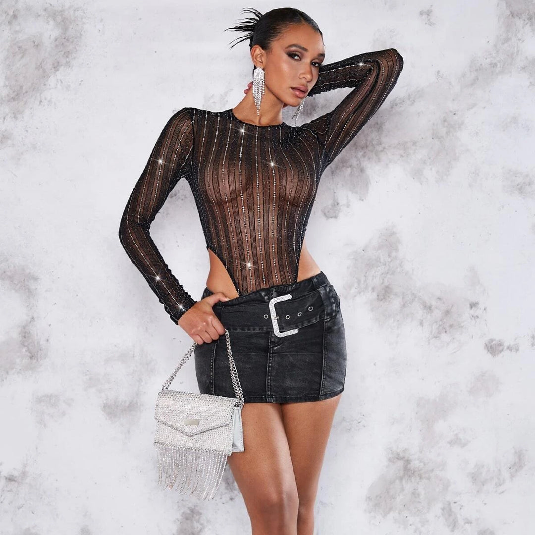 Rhinestone Detail High Cut Mesh Bodysuit