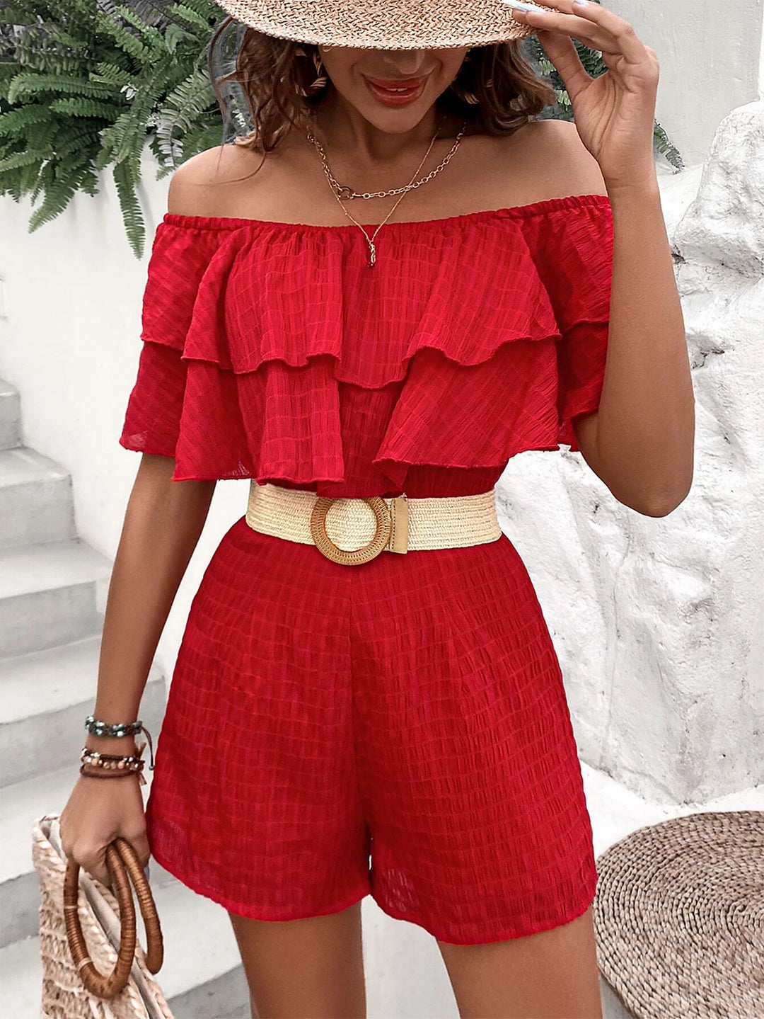 Off Shoulder Ruffle Trim Romper Without Belt