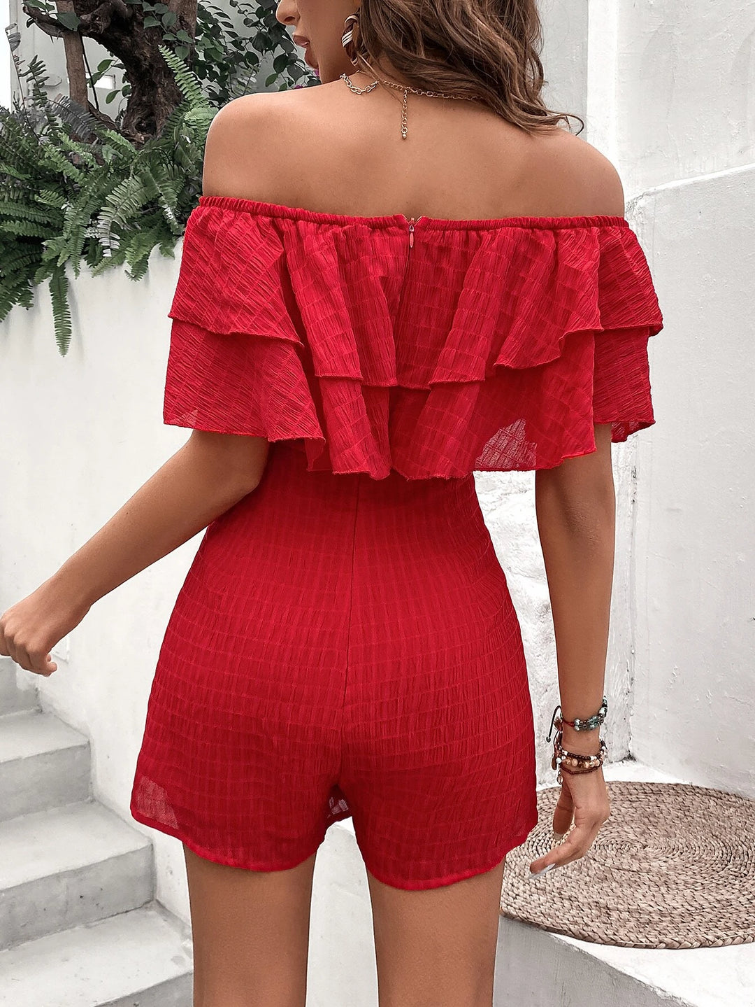 Off Shoulder Ruffle Trim Romper Without Belt